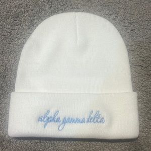 alpha gamma delta white beanie with sky blue embroidery